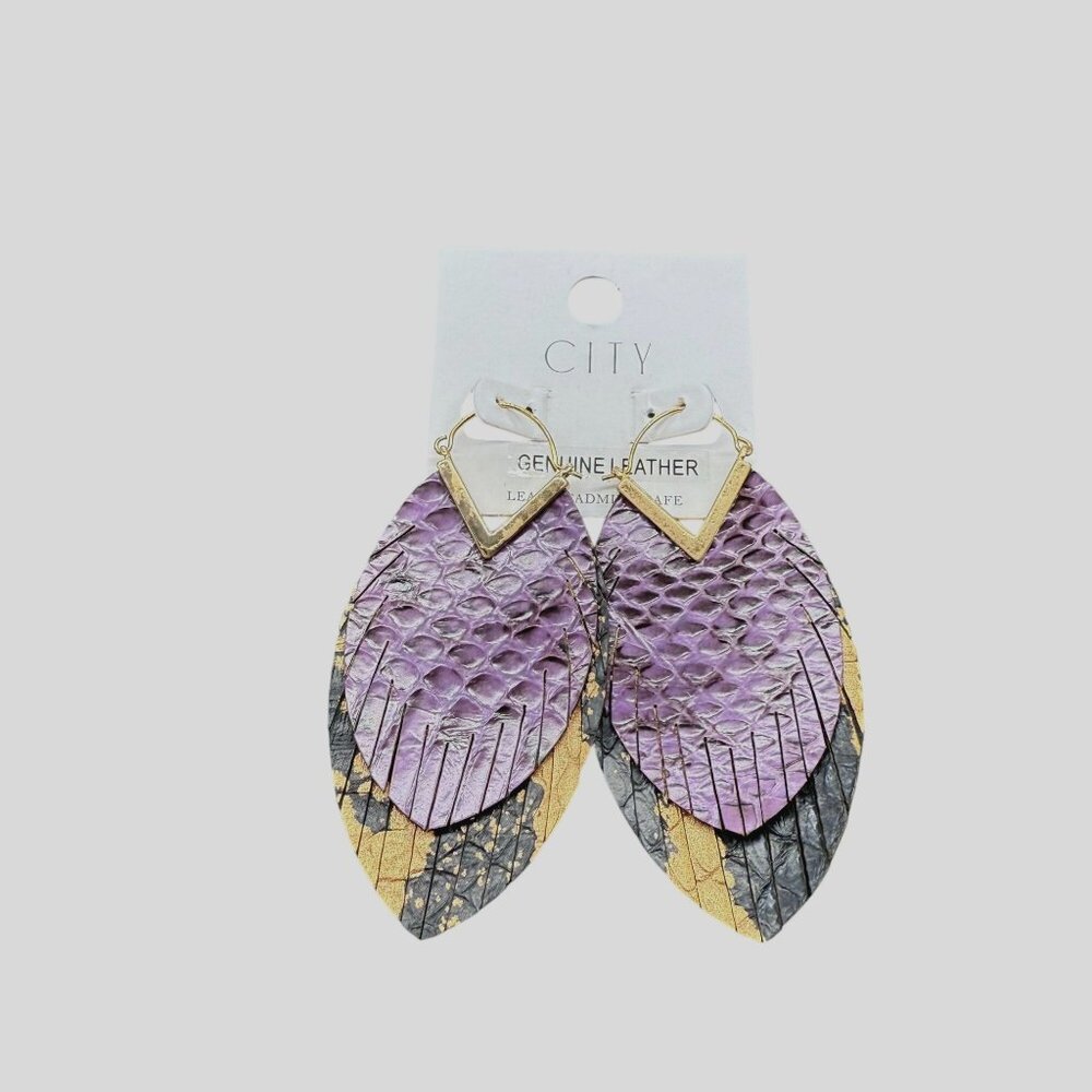City Genuine Leather Snakeskin Layered Feather Earrings Purple Gold & Black